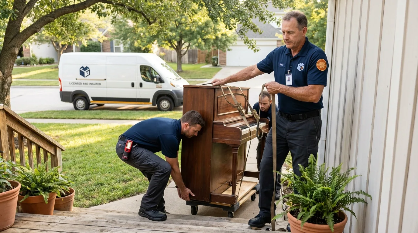 Licensed piano movers securing grand piano in Hinsdale, IL