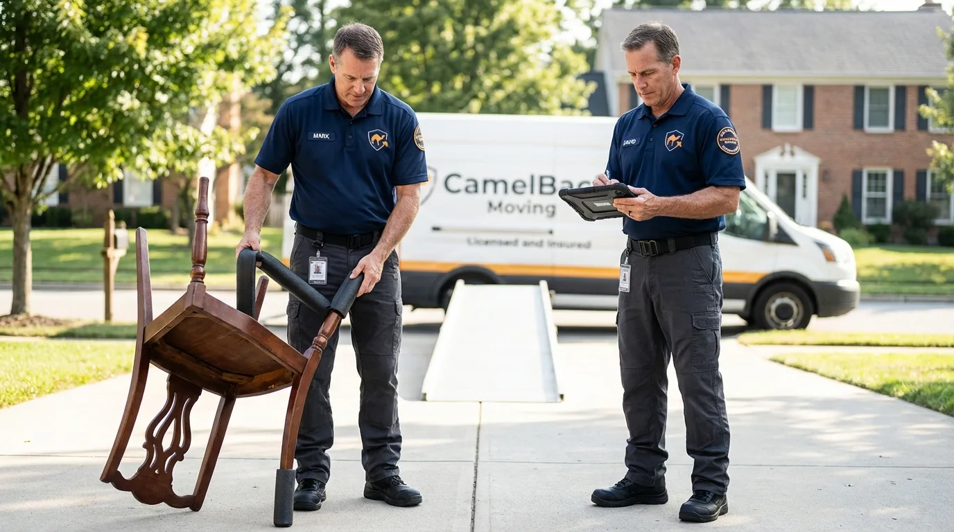 Movers inspecting furniture for damage prevention before loading in Hinsdale, IL