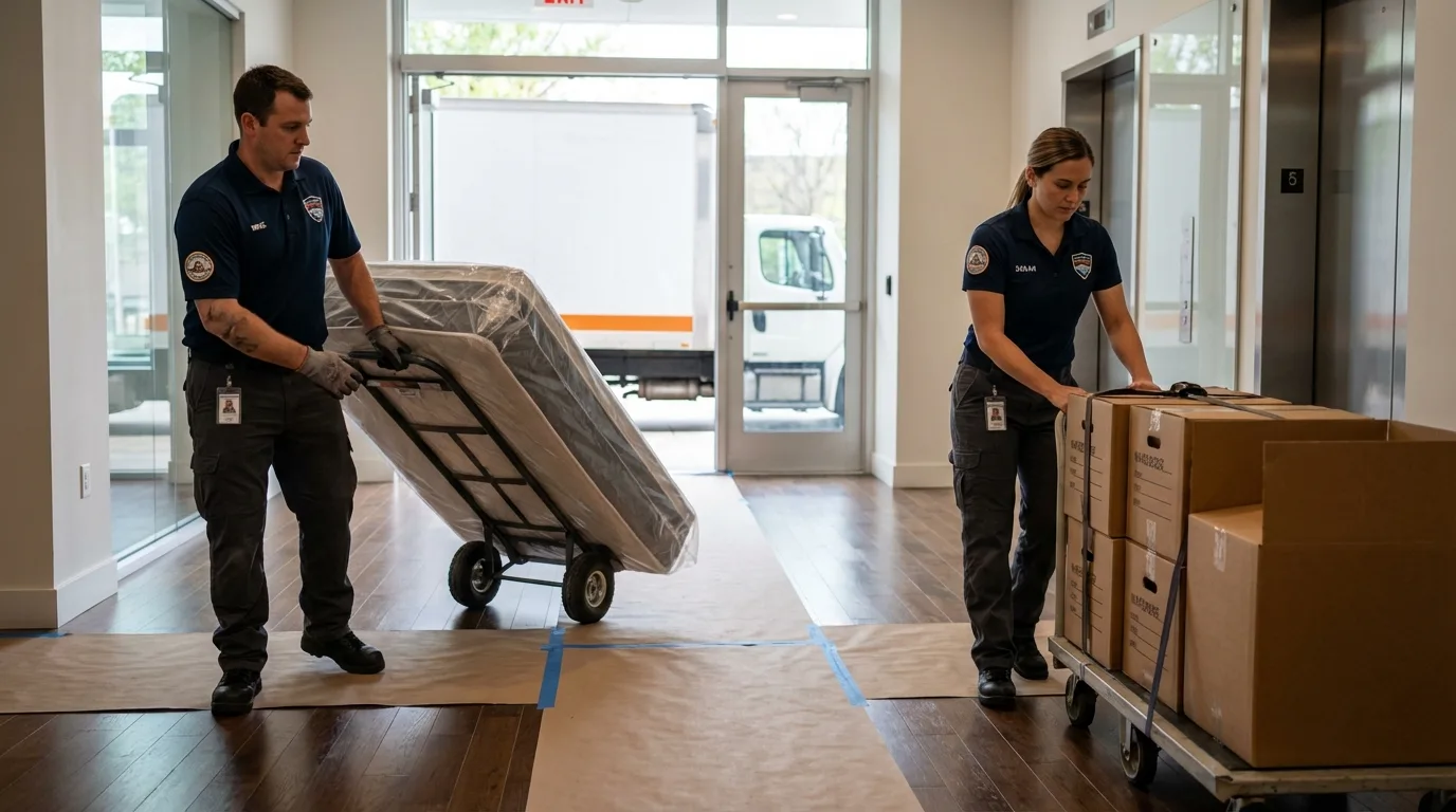 Professional apartment movers loading elevator in Hinsdale, IL